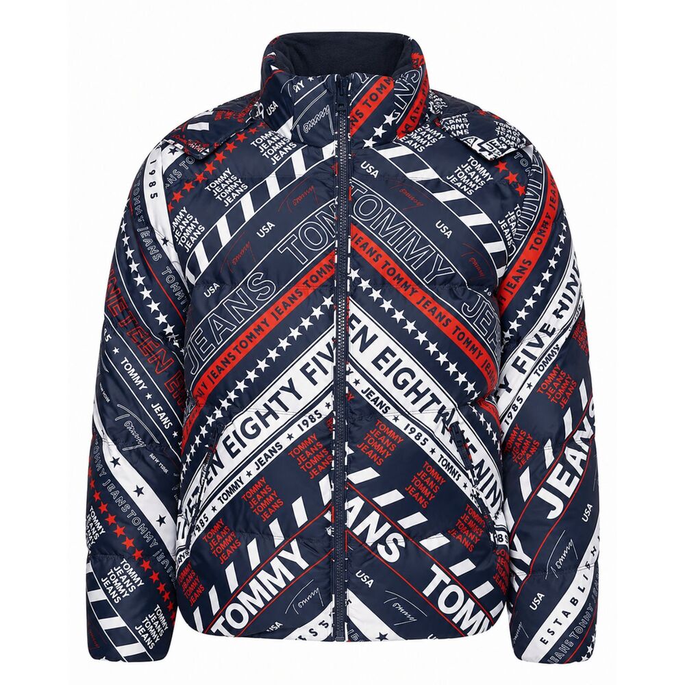 Tommy Jeans Hooded All-Over Logo Down Puffer Jacket Size Large NWOT